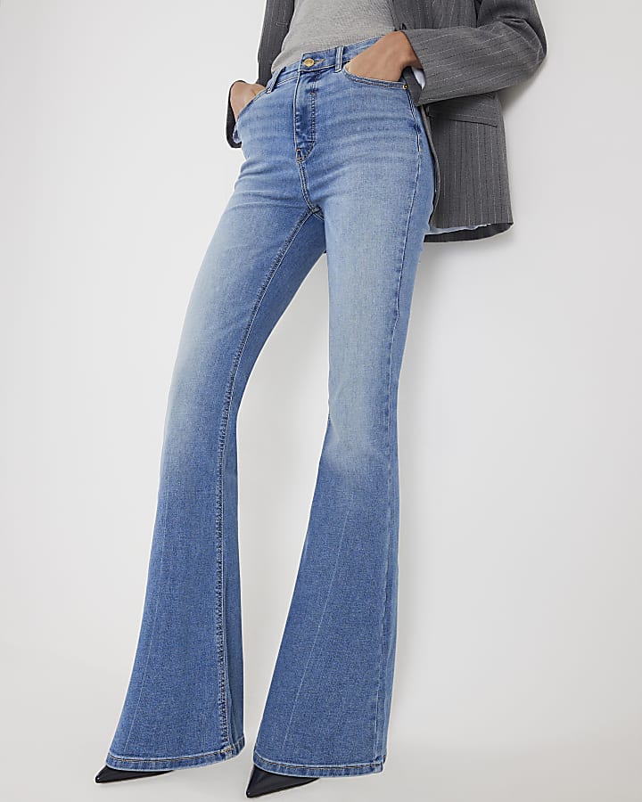 blu a vita alta scolpire jeans svasati