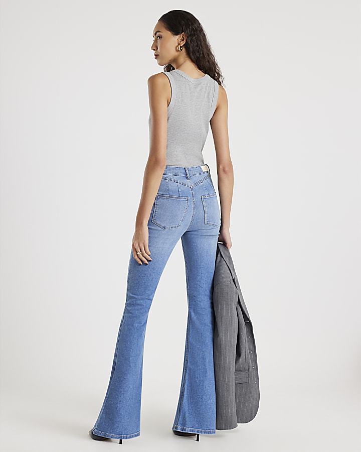 blu a vita alta scolpire jeans svasati
