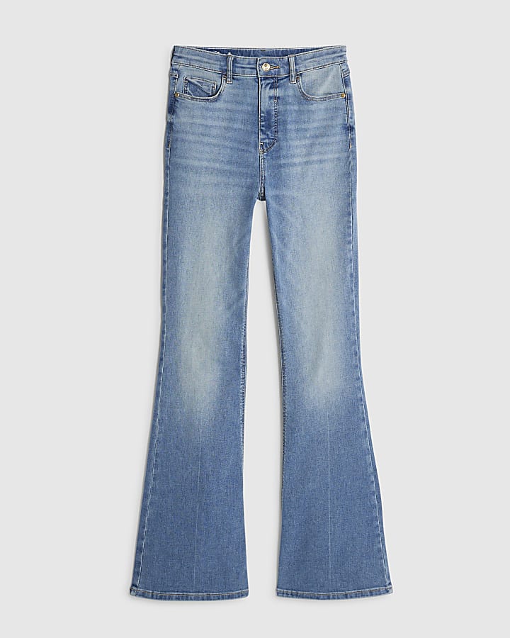 blu a vita alta scolpire jeans svasati