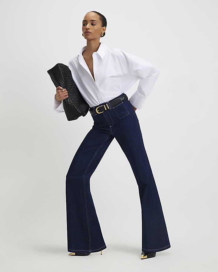 blu a vita alta vita rilassata flare jeans