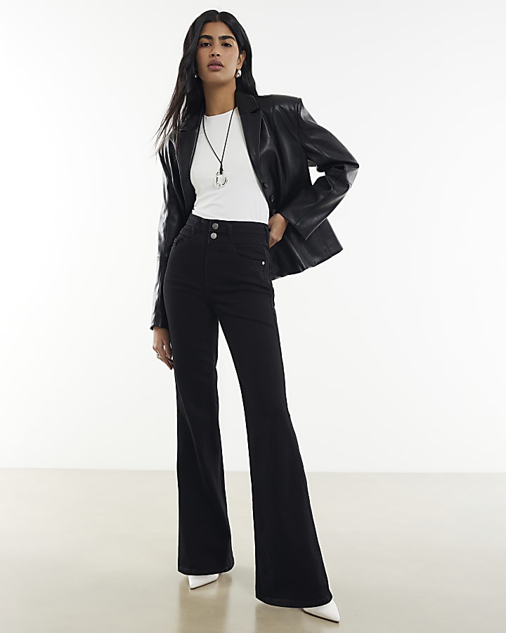 nero vita alta vita rilassata flare jeans