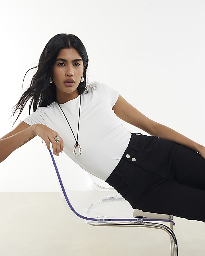 nero vita alta vita rilassata flare jeans