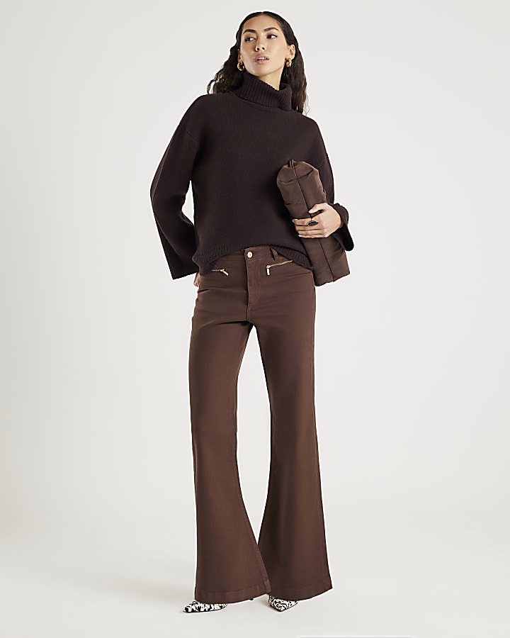 marrone zip frontale rilassato di jeans svasati