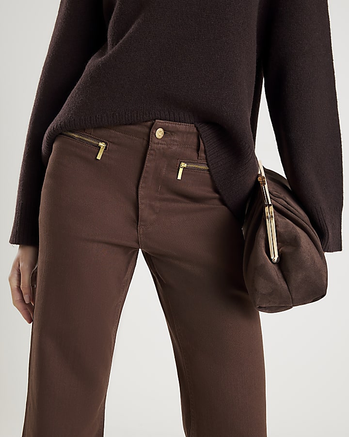 marrone zip frontale rilassato di jeans svasati