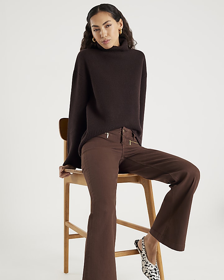marrone zip frontale rilassato di jeans svasati