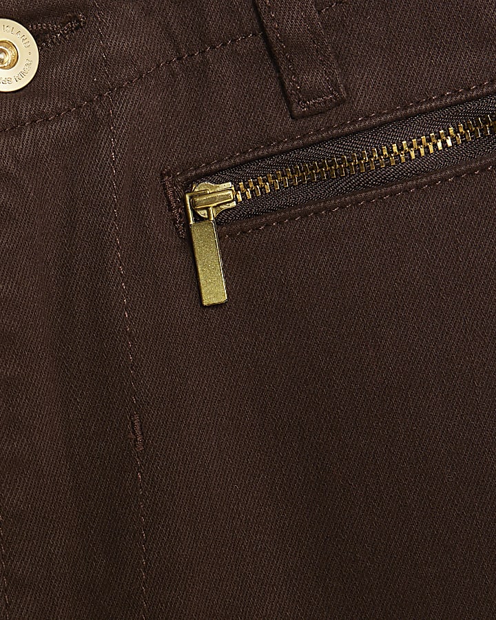 marrone zip frontale rilassato di jeans svasati