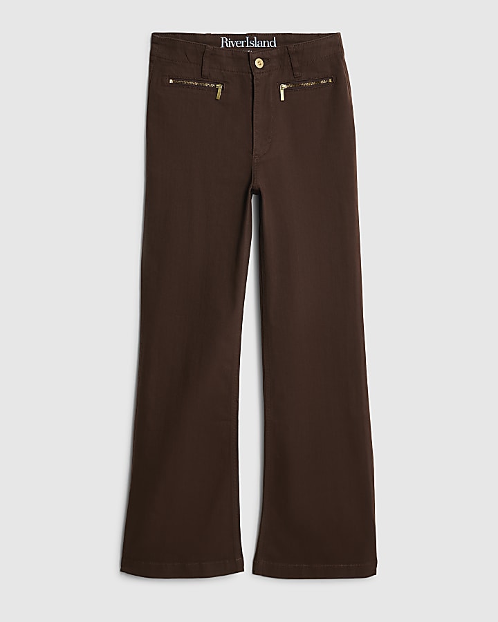 marrone zip frontale rilassato di jeans svasati