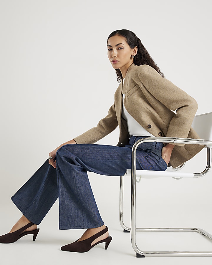 blu a vita alta vita rilassata flare cucitura jeans