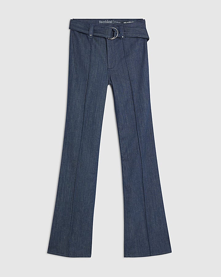 blu a vita alta vita rilassata flare cucitura jeans