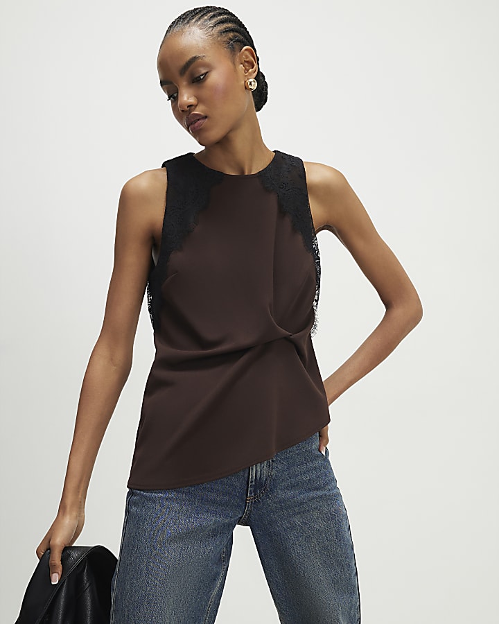 marrone senza maniche in pizzo top