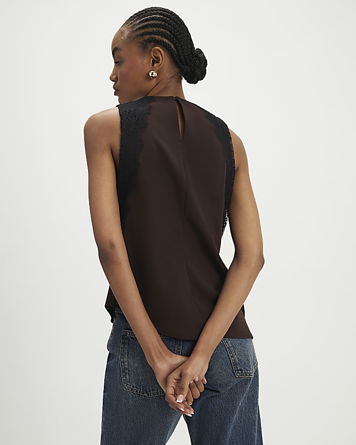 marrone senza maniche in pizzo top
