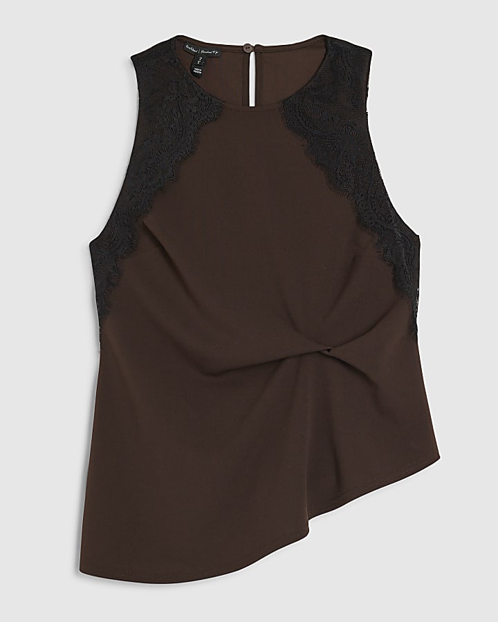 marrone senza maniche in pizzo top