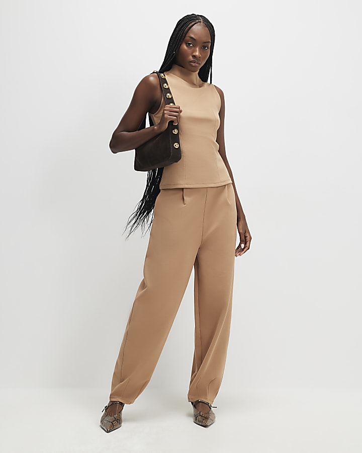 marrone collo alto senza maniche top