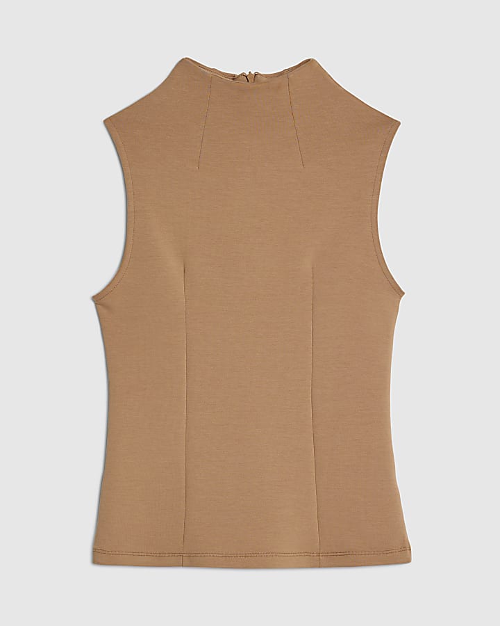 marrone collo alto senza maniche top
