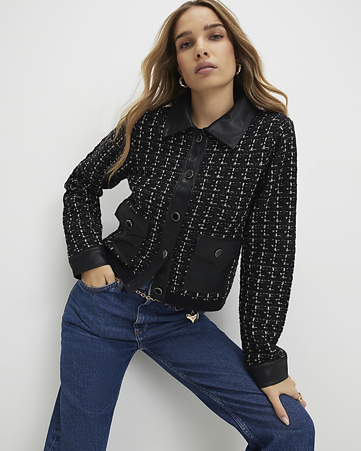 nero boucle cuoio del faux trim cardigan