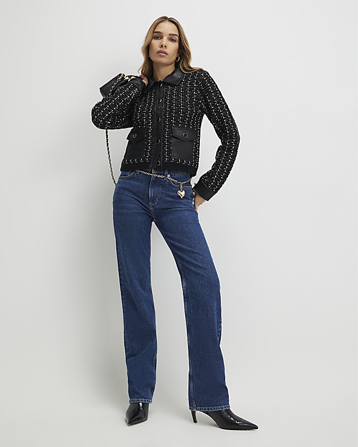nero boucle cuoio del faux trim cardigan