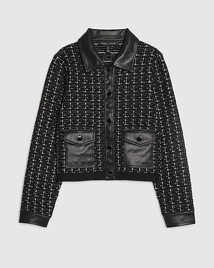 nero boucle cuoio del faux trim cardigan