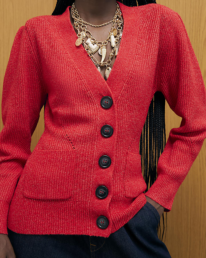 rosso maglia spalla imbottito cardigan