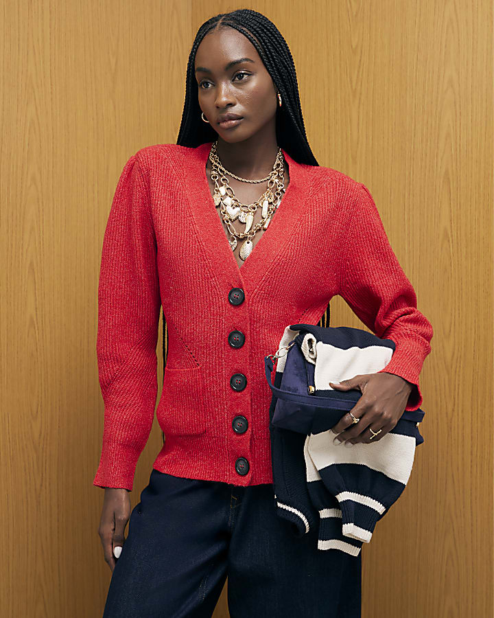 rosso maglia spalla imbottito cardigan