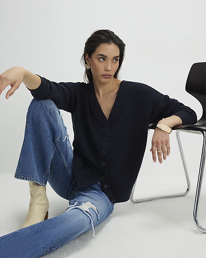 navy con collo a v cardigan