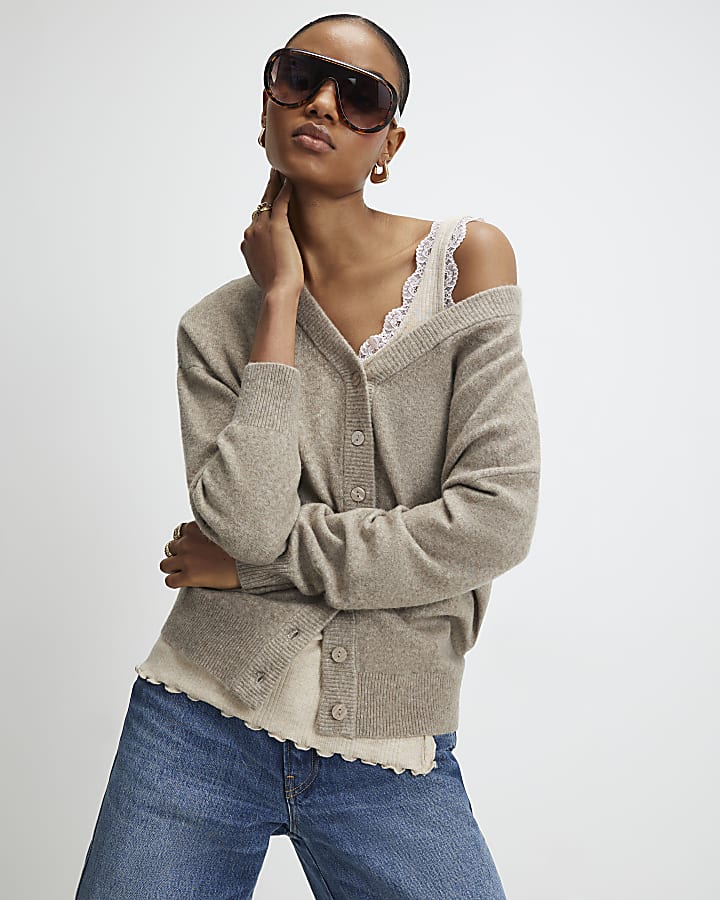 marrone maglia scollo a v cardigan