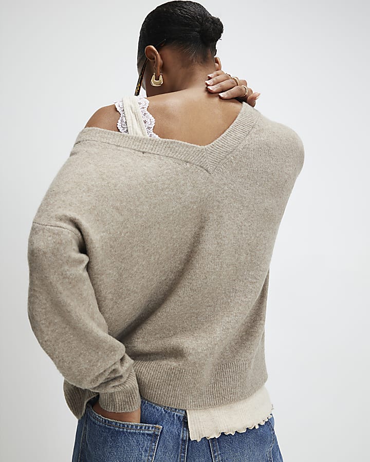 marrone maglia scollo a v cardigan