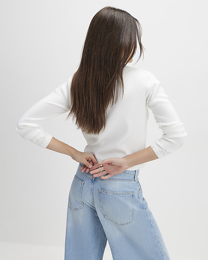 bianco pettine trim diamante pulsante cardigan