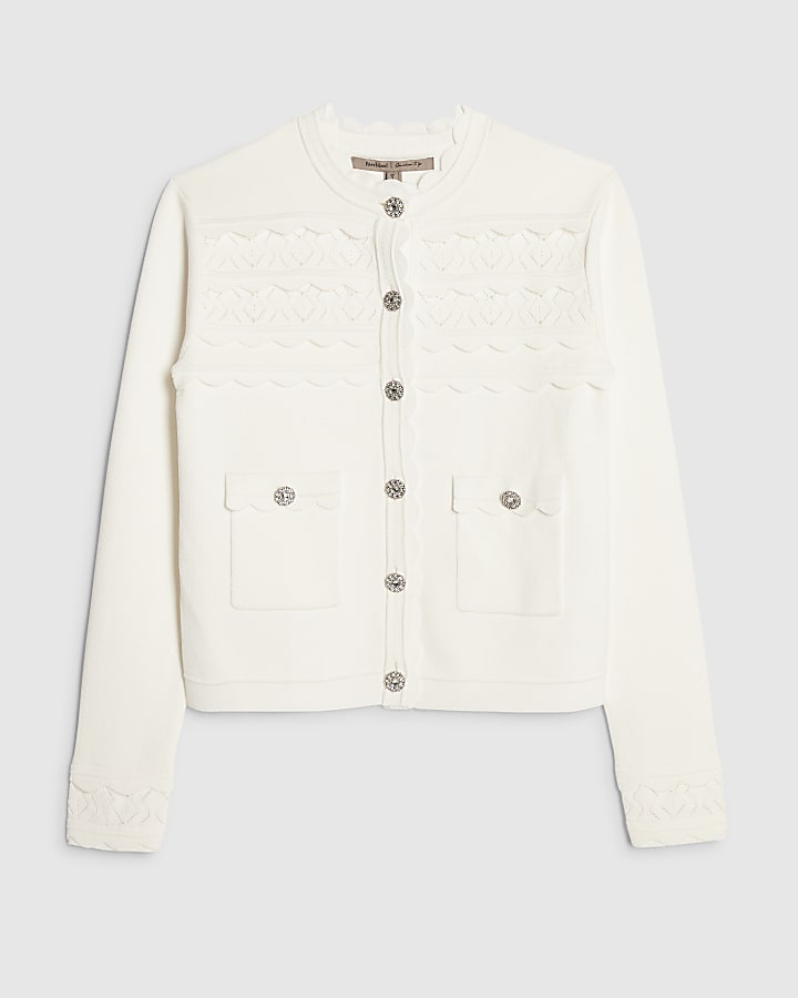 bianco pettine trim diamante pulsante cardigan