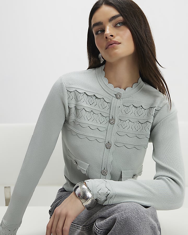verde pettine trim diamante pulsante cardigan