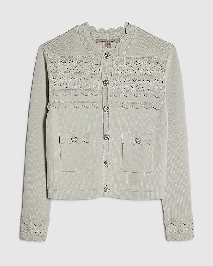 verde pettine trim diamante pulsante cardigan