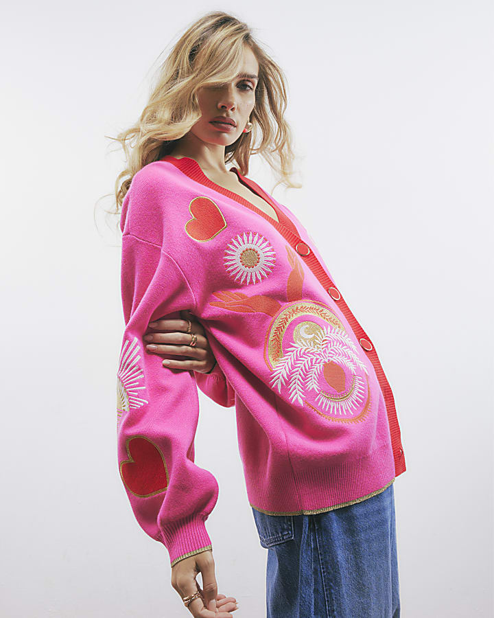 rosa ricamato con scollo a v cardigan