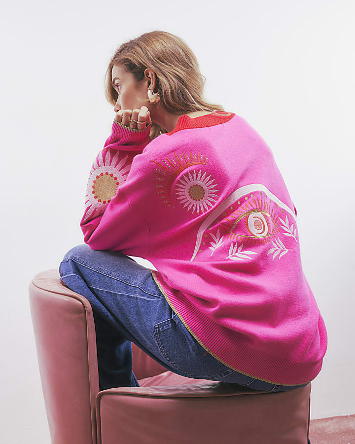 rosa ricamato con scollo a v cardigan