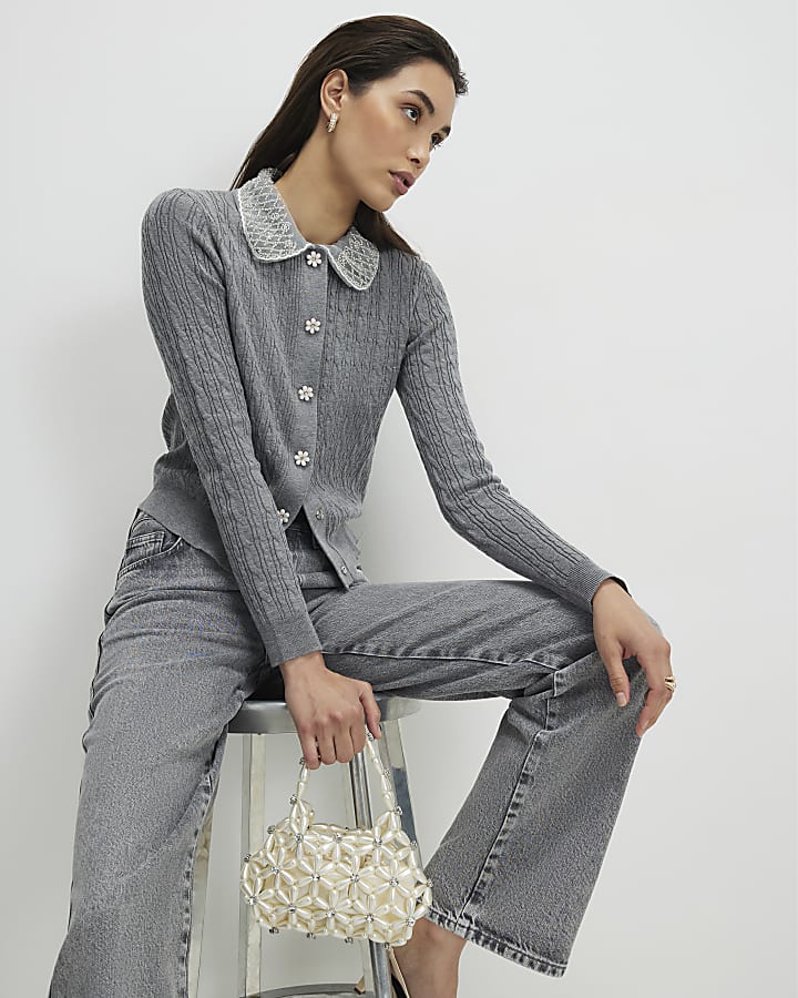 grigio impreziosito collare cardigan