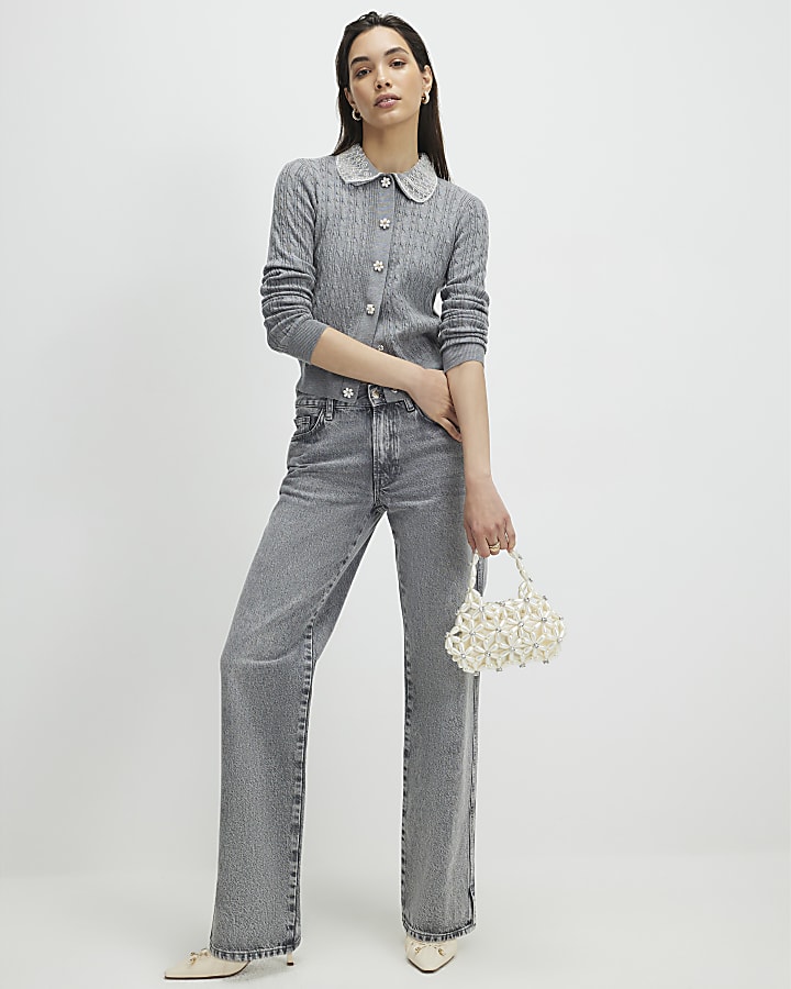 grigio impreziosito collare cardigan