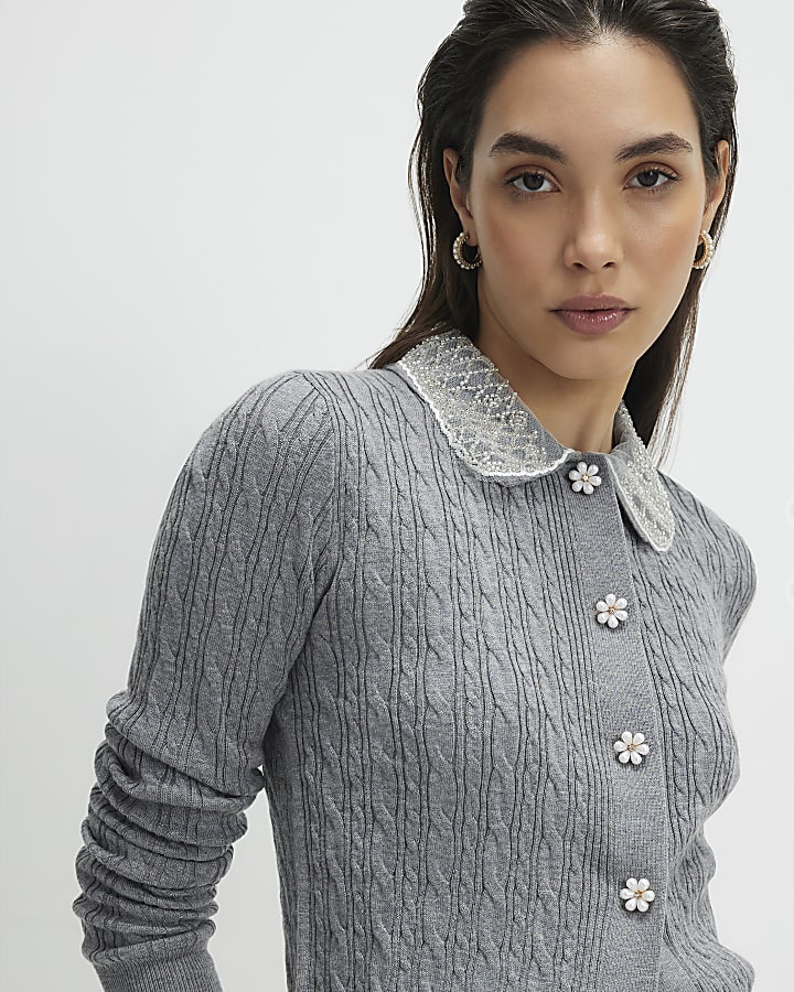 grigio impreziosito collare cardigan