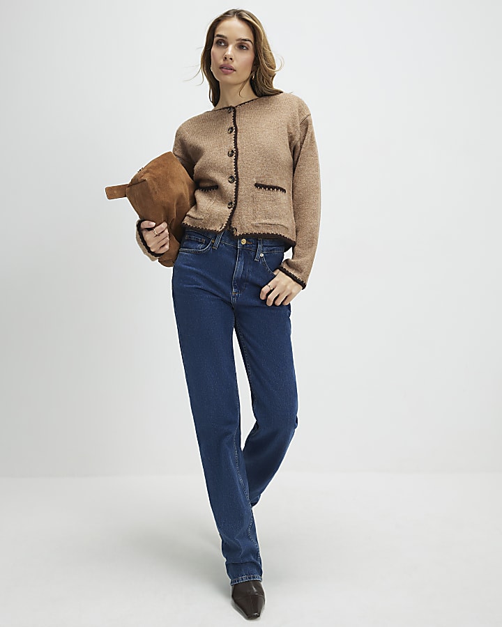 marrone maglia manica lunga cardigan whipstitch