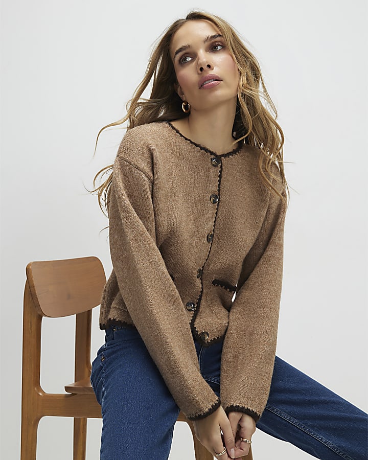 marrone maglia manica lunga cardigan whipstitch