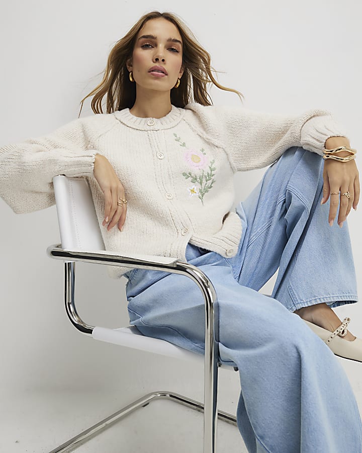 crema floreale ricamato cardigan