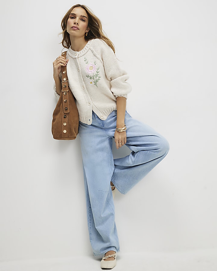 crema floreale ricamato cardigan