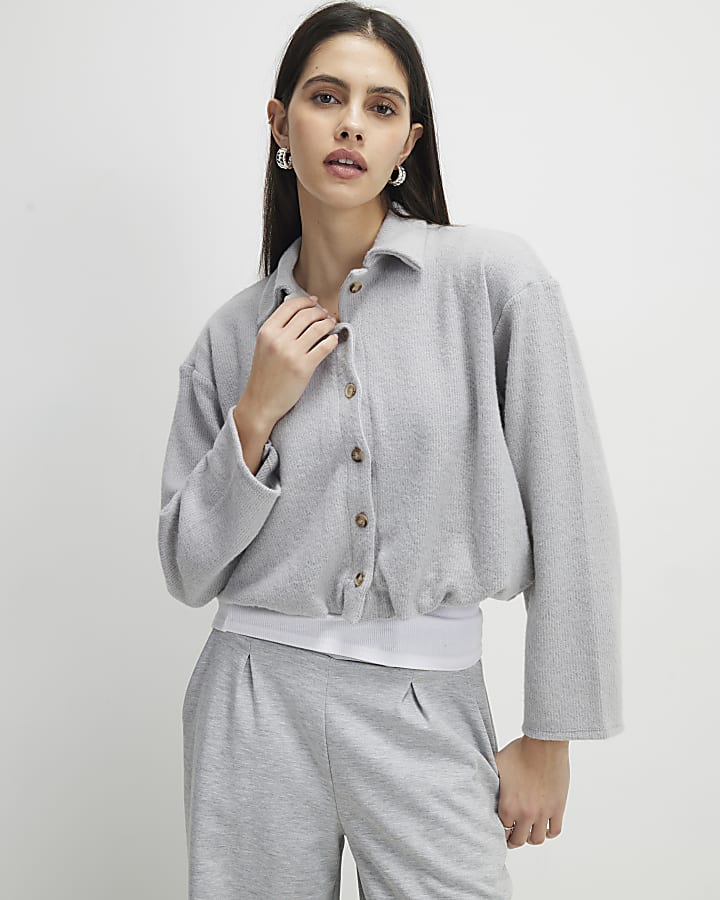 grigio manica lunga accogliente orlo bolla cardigan