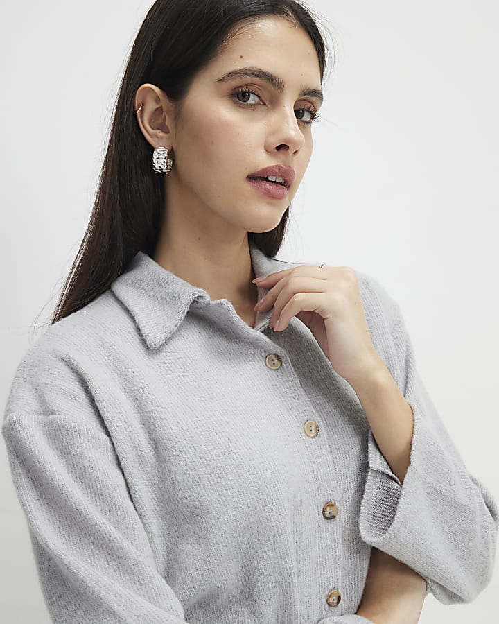 grigio manica lunga accogliente orlo bolla cardigan