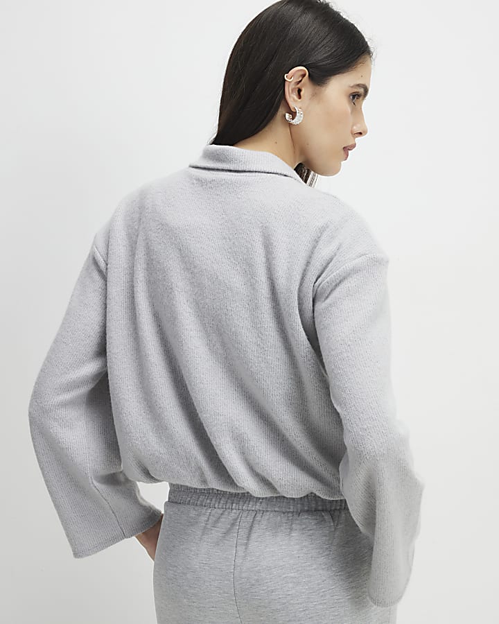 grigio manica lunga accogliente orlo bolla cardigan