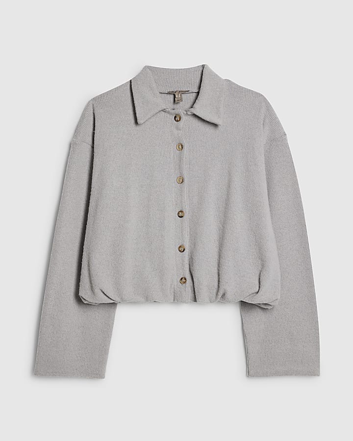 grigio manica lunga accogliente orlo bolla cardigan