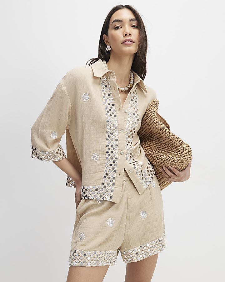 beige paillettes impreziosito beach shorts