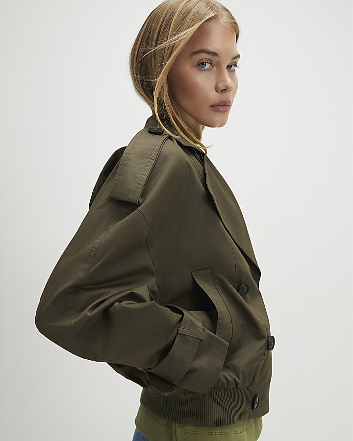 khaki a coste orlo ritagliata trench giacca