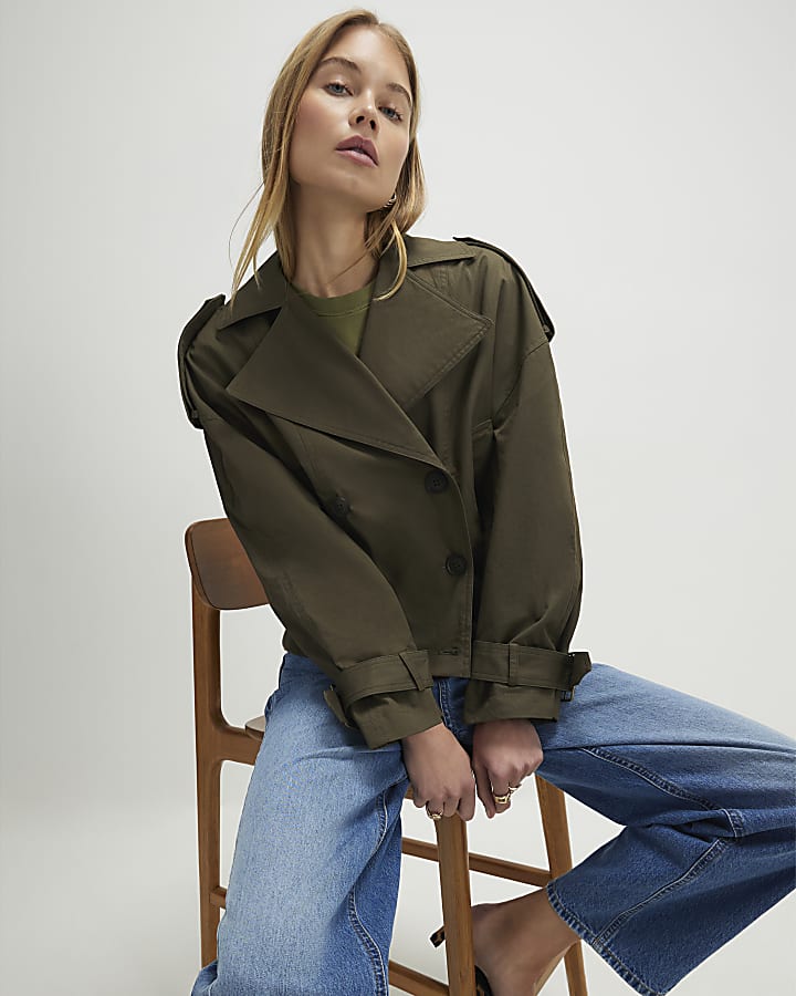 khaki a coste orlo ritagliata trench giacca