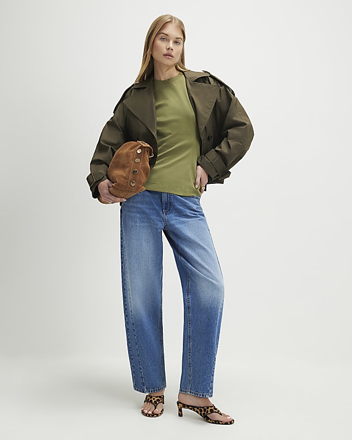 khaki a coste orlo ritagliata trench giacca