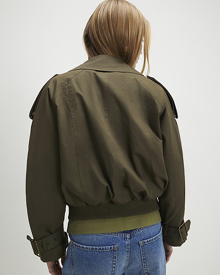 khaki a coste orlo ritagliata trench giacca