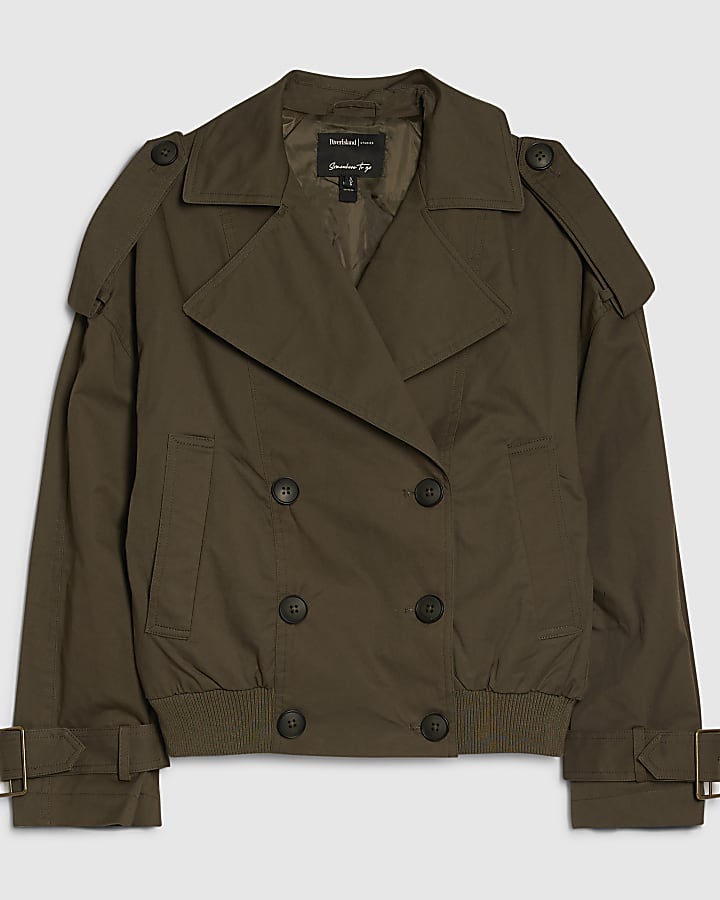 khaki a coste orlo ritagliata trench giacca