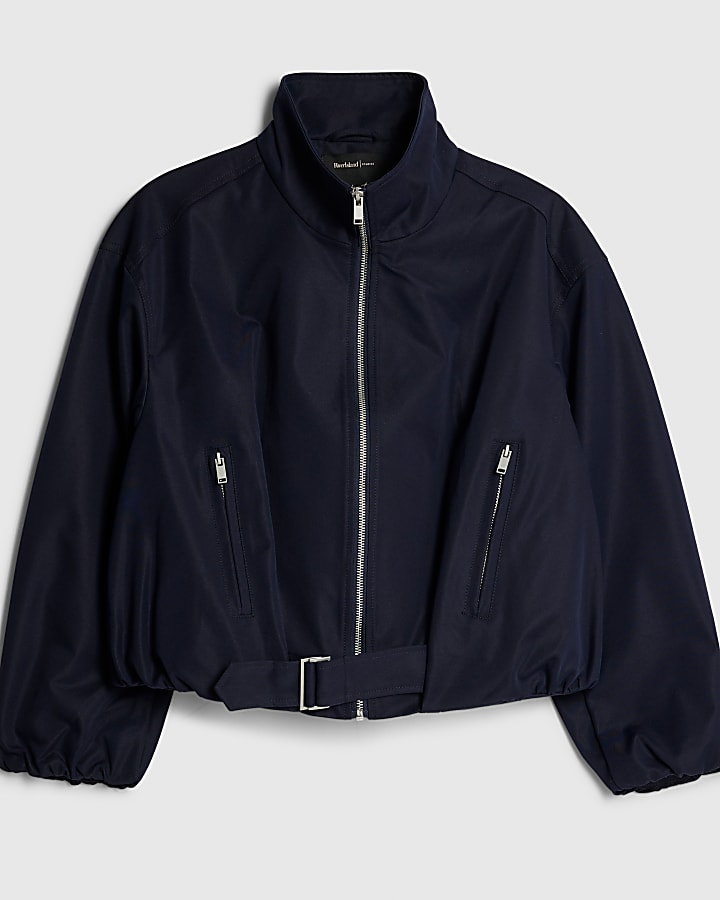navy cintura bolla orlo giacca